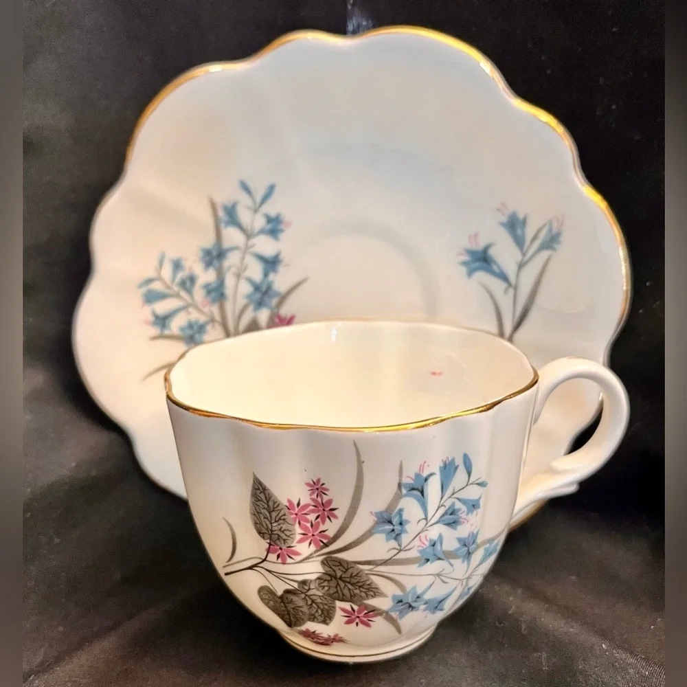 Vintage English Castle 22K Gold Trim Blue Lily Bone China Teacup Saucer Set Tea